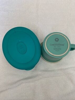 CorningWare Teal Ceramic Mug with Lid. Pyrex oval with Teal lid.